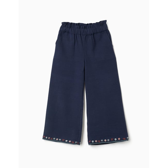 Pantalon en coton à jambe large avec fleurs brodées bleu foncé <span itemprop=