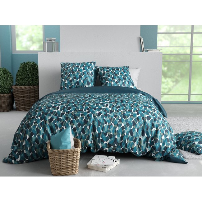 Parure housse de couette 100% coton imprimée, Nelly bleu <span itemprop=