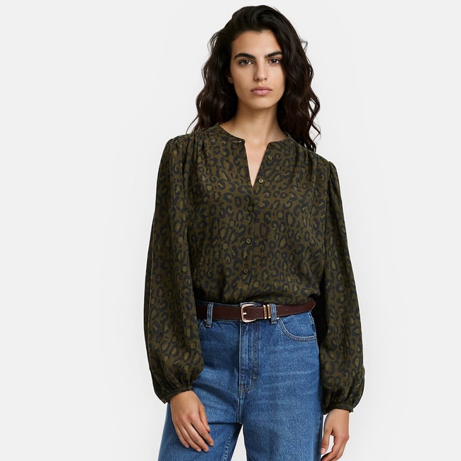 Chemise col mao oversize imprimé léopard, Signature LISE imprimé léopard/kaki <span itemprop=
