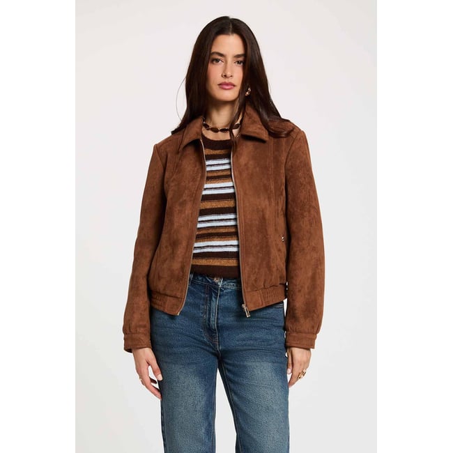 Blouson suédine marron cognac <span itemprop=