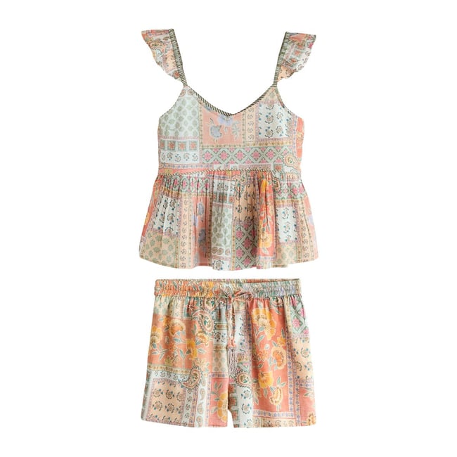 Ensemble pyjama short et caraco pêche rose cachemire <span itemprop=