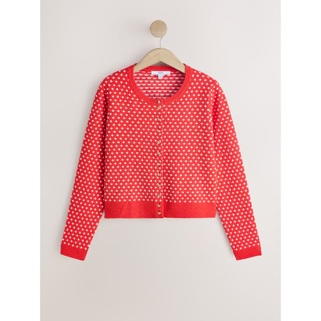 Cardigan slim ras du cou en mélange de laine pois jaunes <span itemprop=