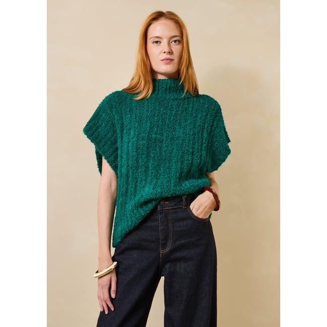 Pull sans manches en maille bouclette col montant emeraude <span itemprop=