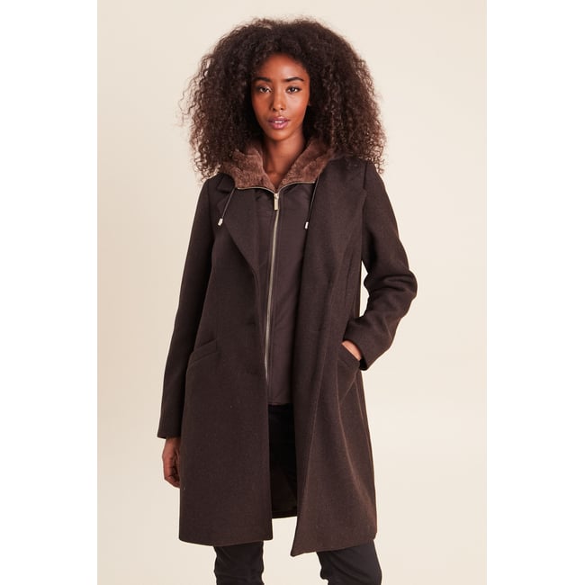 Manteau ajusté capuche amovible marron foncé <span itemprop=