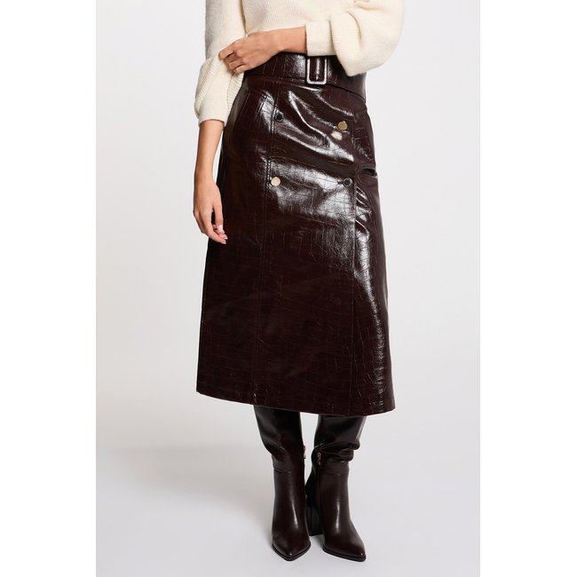 Jupe longue ceinturée prune <span itemprop=