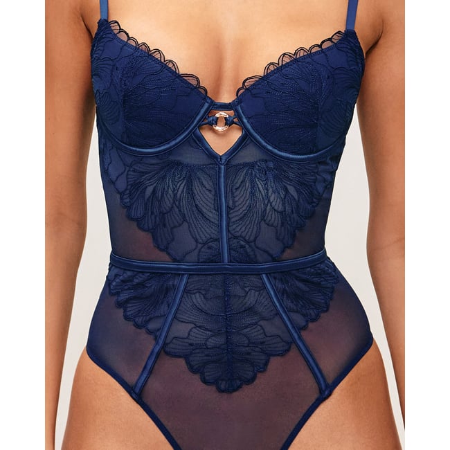 Body string en mesh et broderies florales SLEAZELIZ marine <span itemprop=