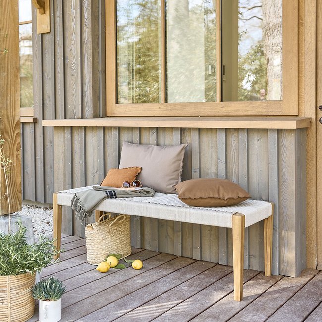Banc de jardin en teck massif et cordage beige  LIVIE naturel <span itemprop=