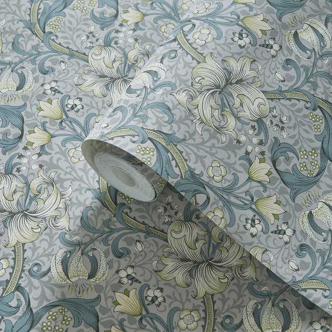 Golden Lily Slate/Dove Wallpaper, grey/blue, WILLIAM MORRIS BY CLARKE & CLARKE