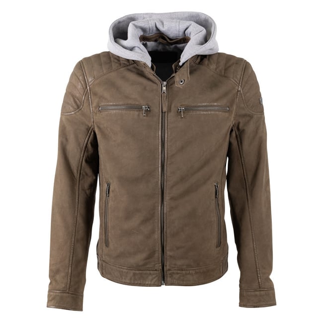 Blouson en cuir de mouton olive uni avec une coupe ajustée et un col à capuche vert foncé <span itemprop=
