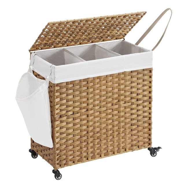 Panier à Linge 3 Compartiments sur Roulettes Imitation Jonc Naturel Couleur blanc <span itemprop=