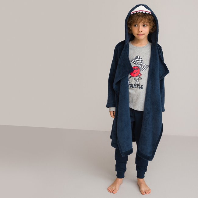 Plaid à manches et à capuche polaire, motif requin bleu marine <span itemprop=