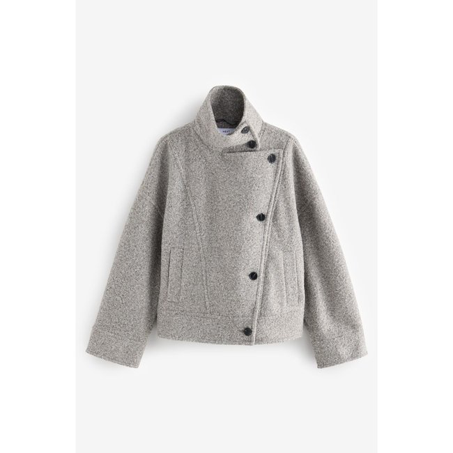 Manteau cardigan asymétrique col cheminée gris anthracite <span itemprop=