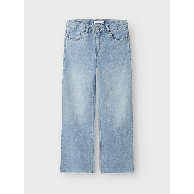 Vaqueros de pernera ancha con flecos denim azul claro <span itemprop=