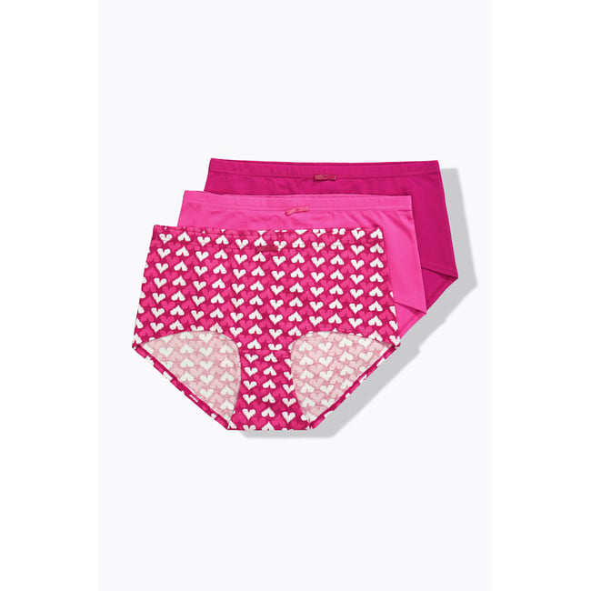 Culottes hipster en lot de 3, motif cœurs/uni fuchsia <span itemprop=