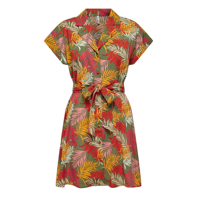 Robe chemise, à nouer imprimé fond vert <span itemprop=