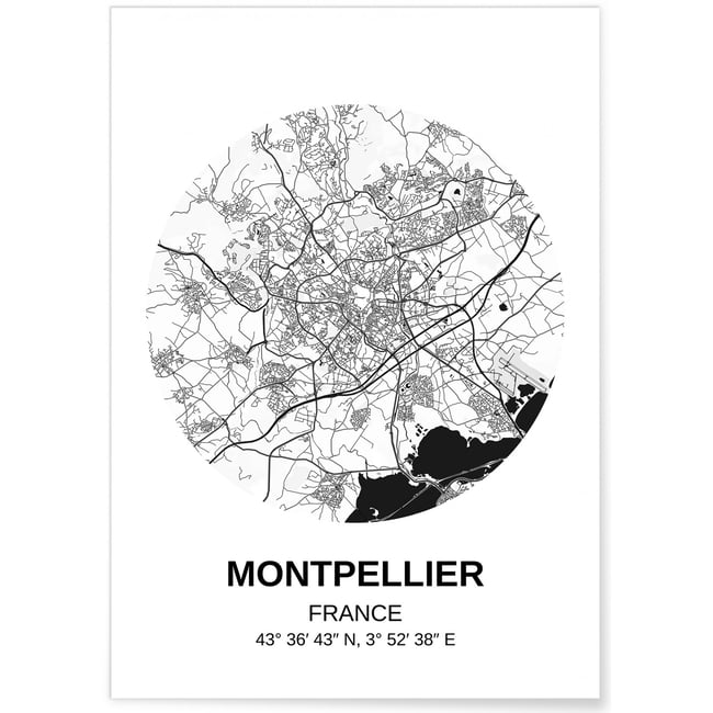 Affiche Carte Montpellier Couleur blanc <span itemprop=