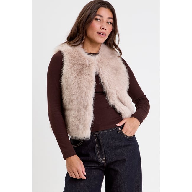 Gilet sans manches imitation fourrure sable <span itemprop=