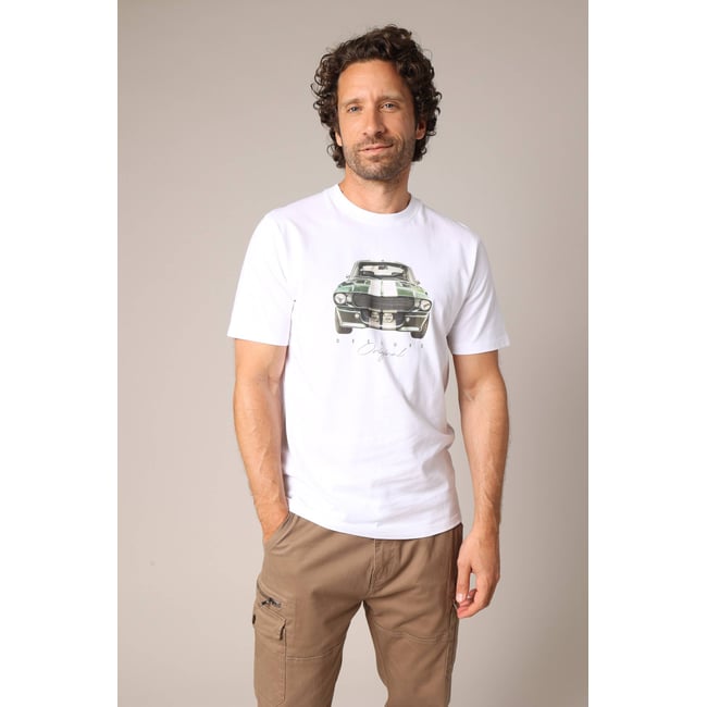 T-shirt en coton avec imprimé voiture rétro sur le devant, coupe droite et col rond FASTCAR blanc <span itemprop=