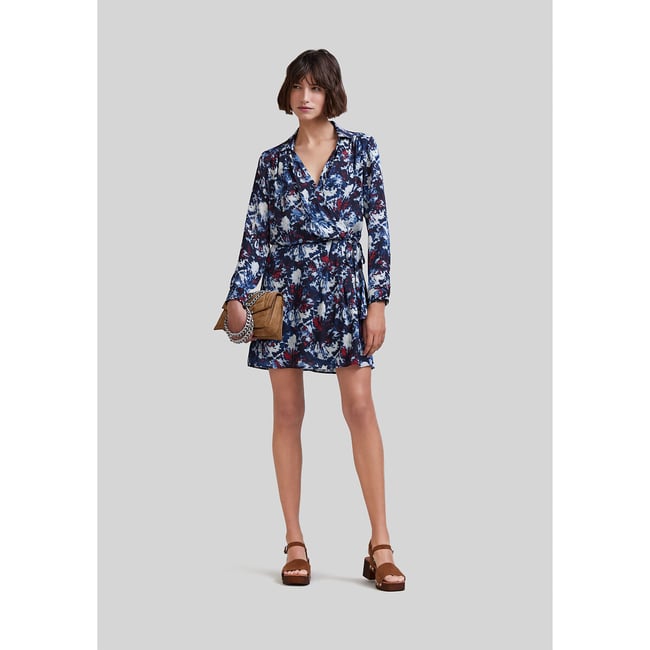 Vestido corto de manga larga con estampado floral estampado azul marino <span itemprop=