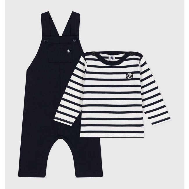 Dungarees/Breton Striped Top, navy blue/white, PETIT BATEAU