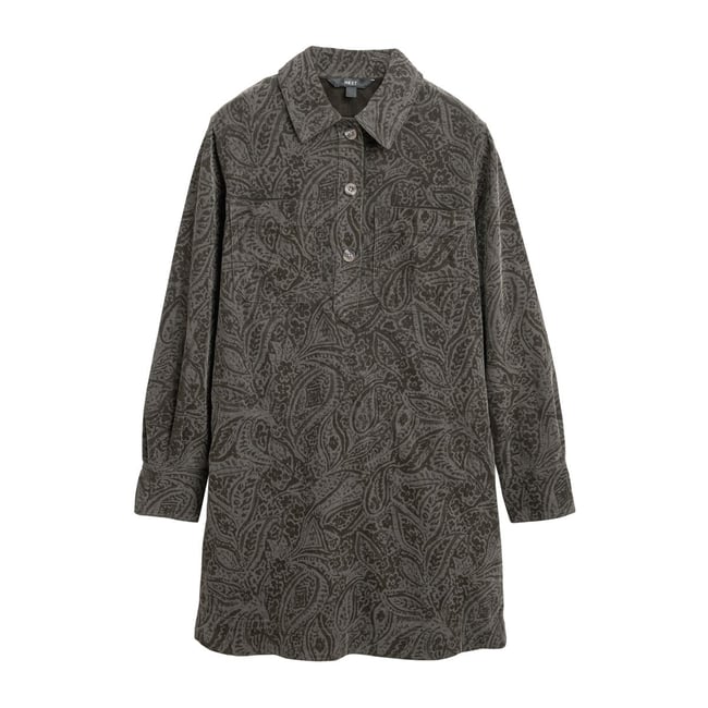 Robe courte manches longues en velours côtelé motif cachemire vert kaki <span itemprop=