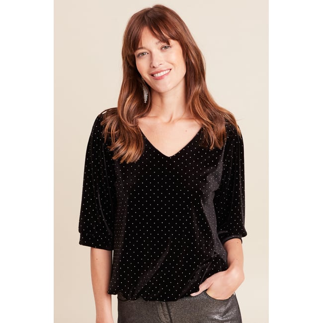 Top velours col v manches 3/4 strass noir <span itemprop=