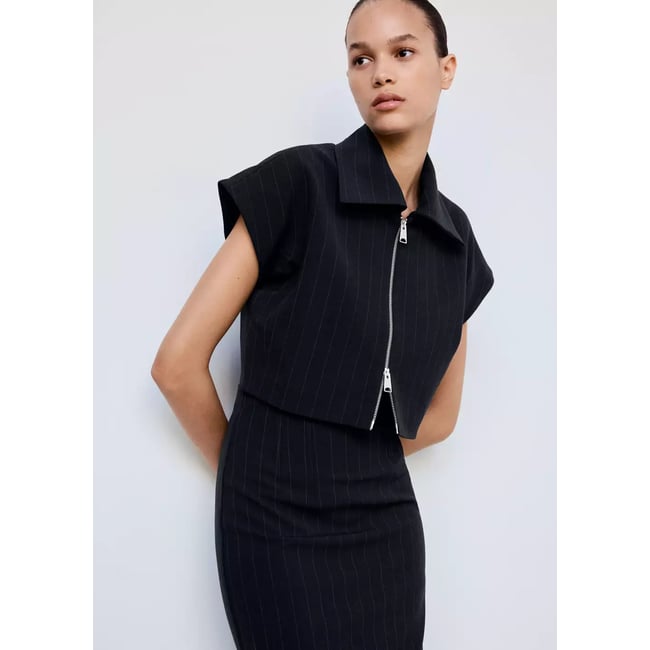 Jupe midi fines rayures bleu marine <span itemprop=
