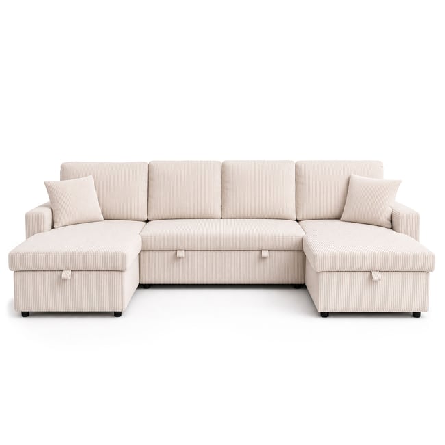 Canapé panoramique convertible velours côtelé, MEIYA Couleur beige <span itemprop=