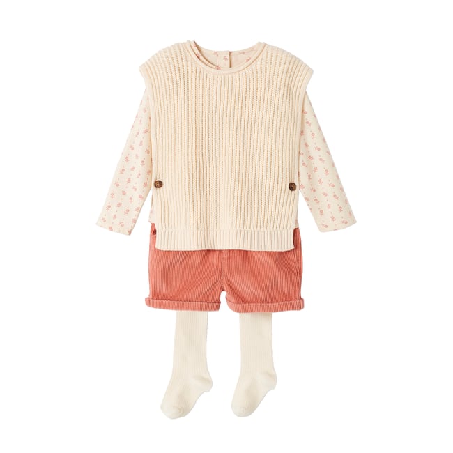 Ensemble 4 pièces bébé : T-shirt + short + pull + collant ART SCHOOL vieux rose <span itemprop=