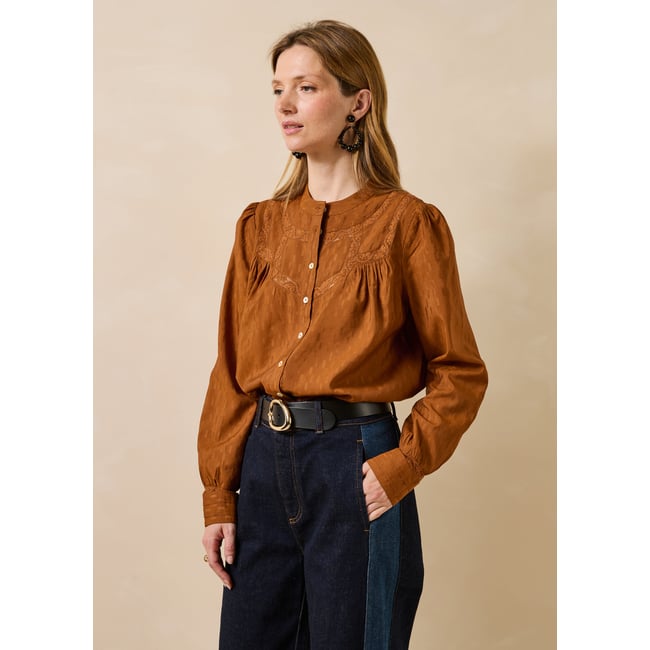 Chemise en jacquard manches longues cognac <span itemprop=