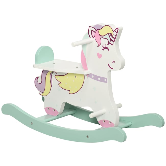 HOMCOM Cheval à Bascule En Bois – Jouet Équilibre 1-3 Ans – Poignées, Repose-pieds, Sécurité EN71 – Blanc Et Bois Naturel
