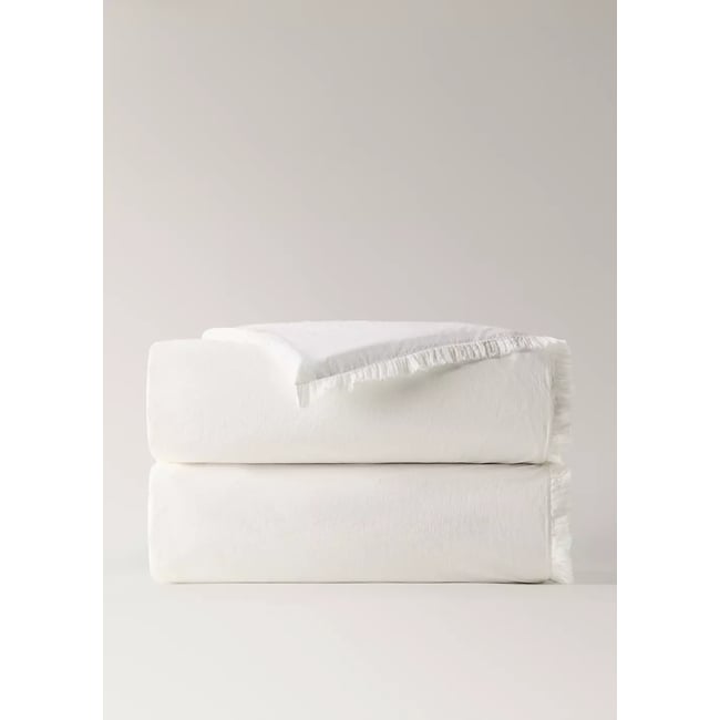 Housse de couette coton lavé volant en gaze effiloché lit 200 cm écru <span itemprop=