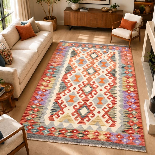 Tapis kilim ethnique au motif tribal, tissé plat en laine, KILIM 23 Couleur multicolore, orange, rouge <span itemprop=