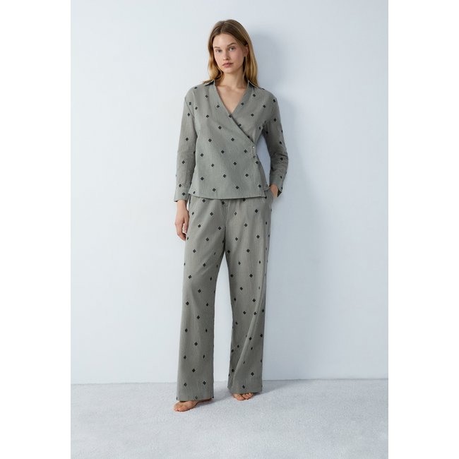 Chemise de pyjama brodée en coton à rayures IRYS kaki <span itemprop=