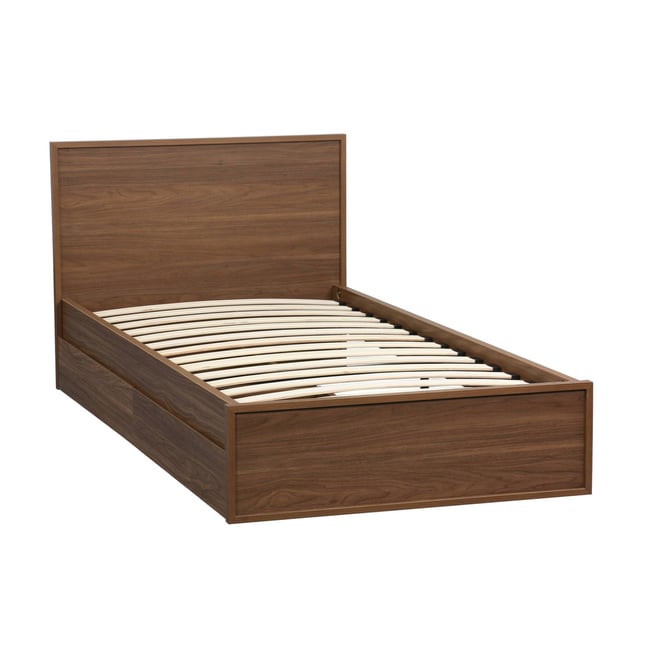 Lit avec sommier à lattes et tête de lit 90 x 190cm + 2 tiroirs décor bois KUBA Couleur noyer <span itemprop=