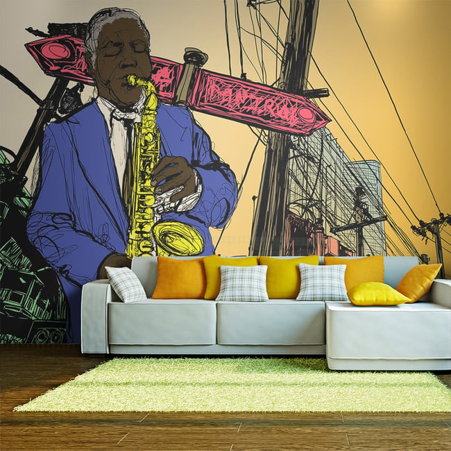 Papier peint intissé panoramique Hobby Saxophonist in New York Couleur multicouleur <span itemprop=