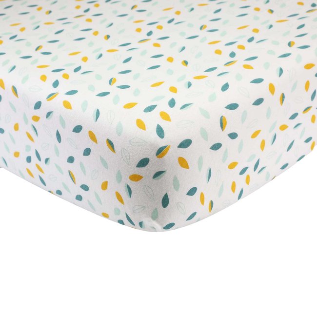 Drap housse lit bébé modèle feuille blanc <span itemprop=