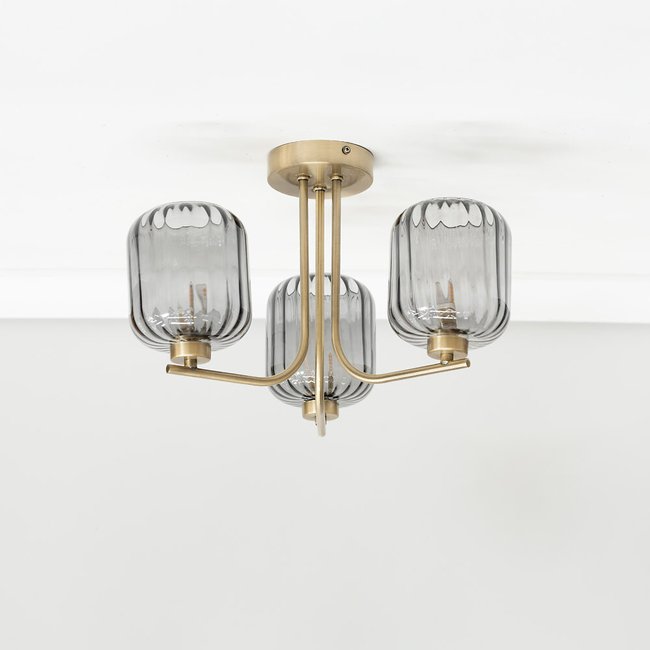 Ribbed Glass 3 Arm Ceiling Light, gold-coloured, SO'HOME
