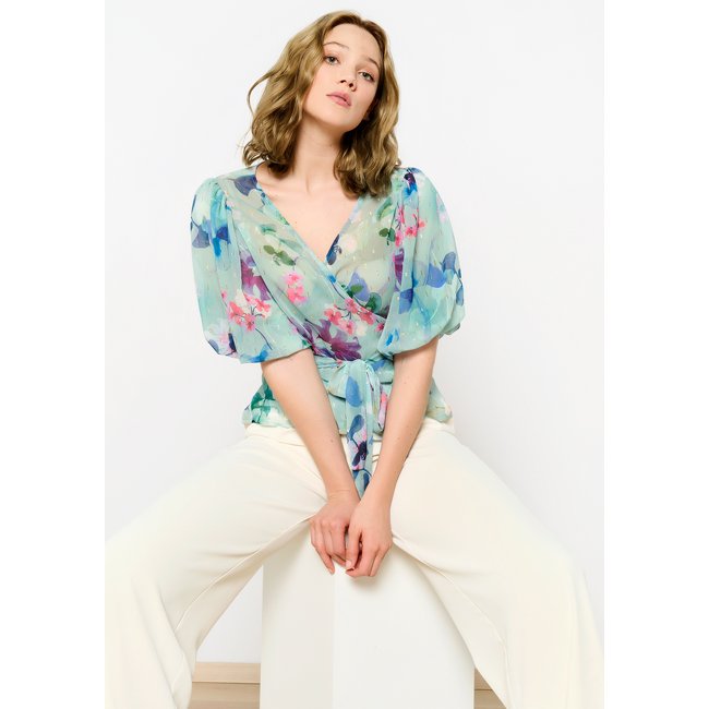Chanel Ensemble veste et haut froissé fleuri crème - taille FR 42 Soie