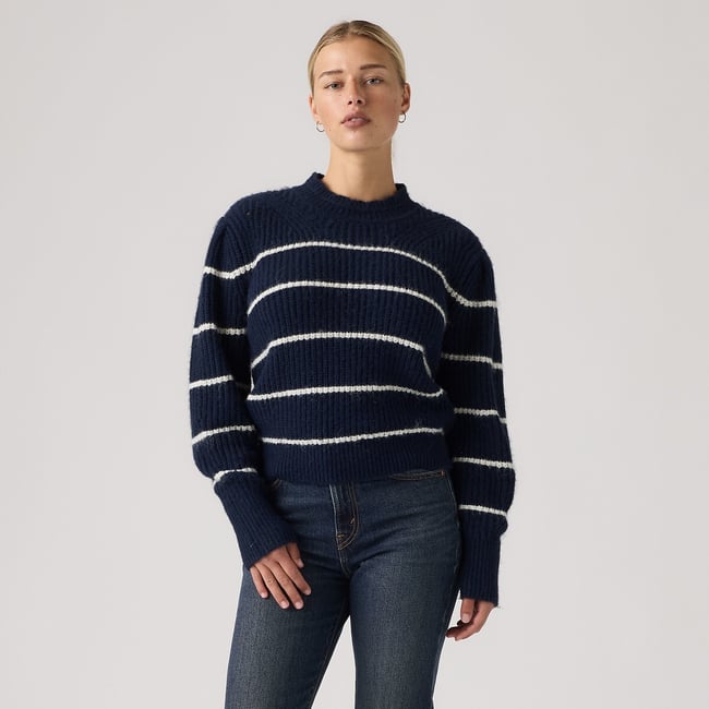 Pull rayé col rond manches longues marine/écru <span itemprop=