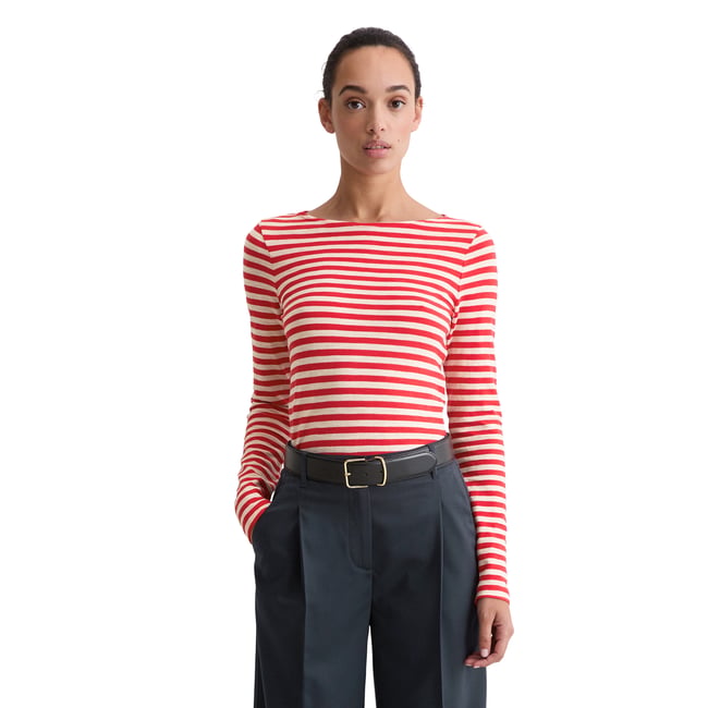 T-shirt long rayé regular en Organic Cotton Slub Jersey rouge <span itemprop=