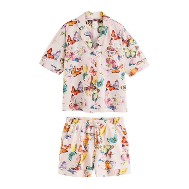Ensemble short de pyjama boutonné en jersey papillon crème <span itemprop=