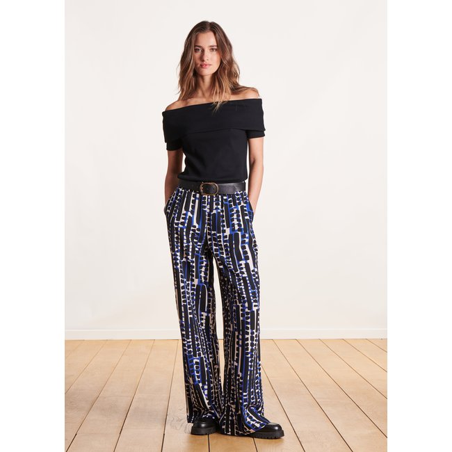 Pantalon fluide à imprimé taille élastique bleu <span itemprop=