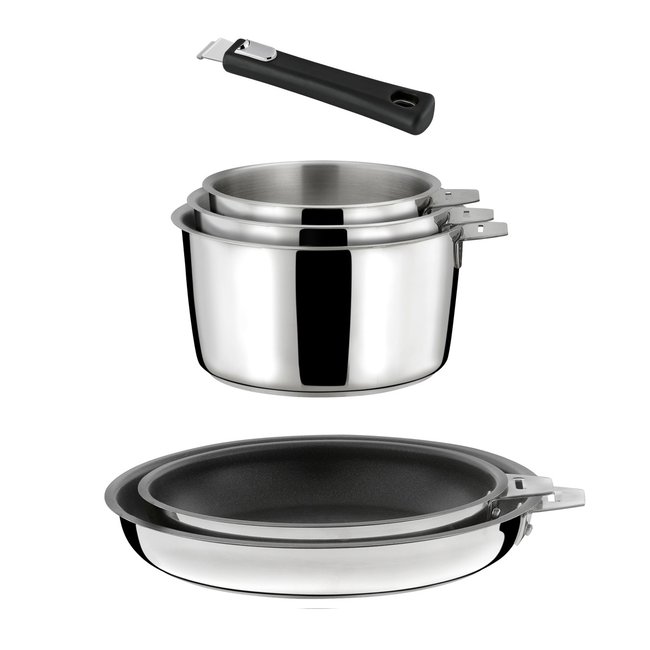 Lot 6 pièces - 3 casseroles, 2 poêles revêtement céramique et 1 poignée noire - MALICE inox <span itemprop=
