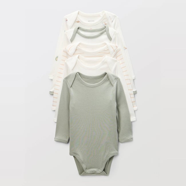 Lot de 5 bodies manches longues imprimé en coton BIO GOTS agave <span itemprop=