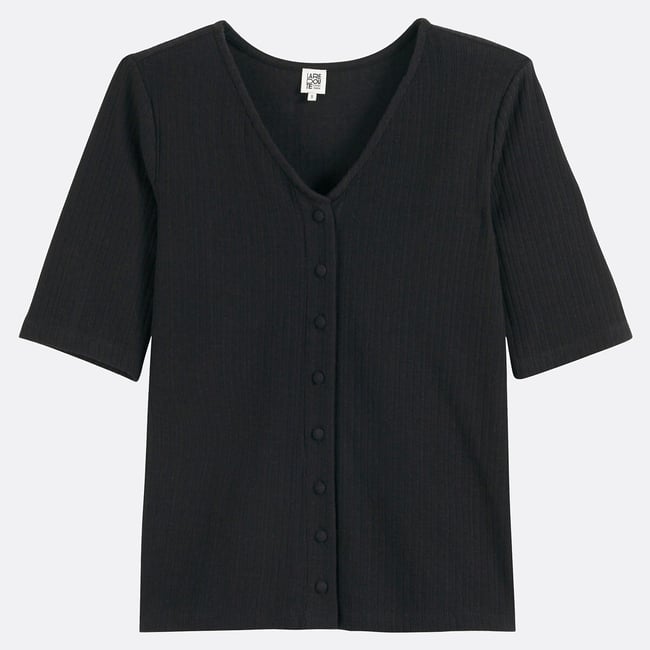 T-shirt boutonné col V, manches courtes noir <span itemprop=