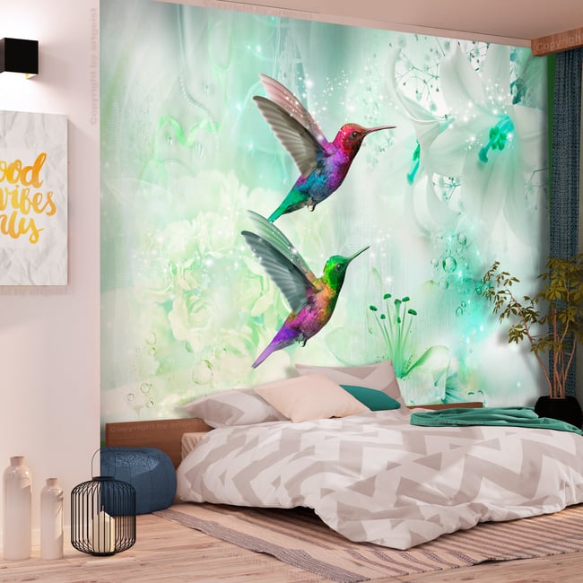 Papier peint intissé panoramique Animaux Colourful Hummingbirds (Green) Couleur vert <span itemprop=