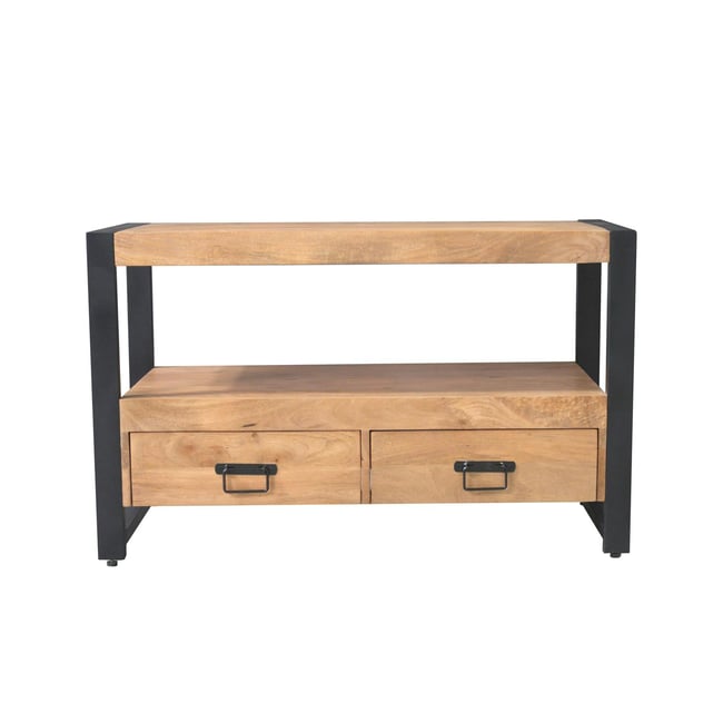 Meuble TV 2 tiroirs double plateau MILORA Couleur bois clair <span itemprop=