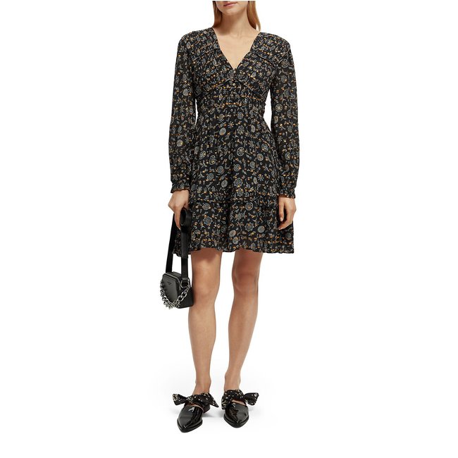 Robe patineuse, courte, manches longues imprimé noir <span itemprop=