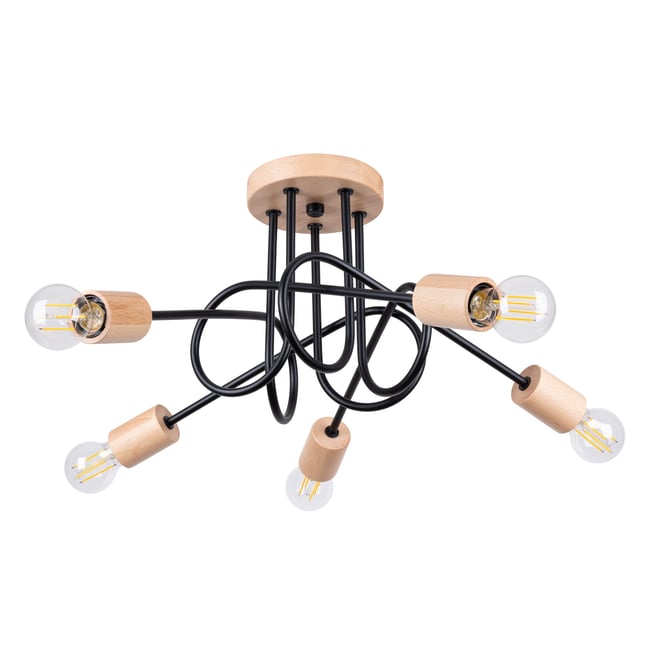 Lustre Acier Noir/Bois Naturel E27 5 Ember Couleur noir <span itemprop=